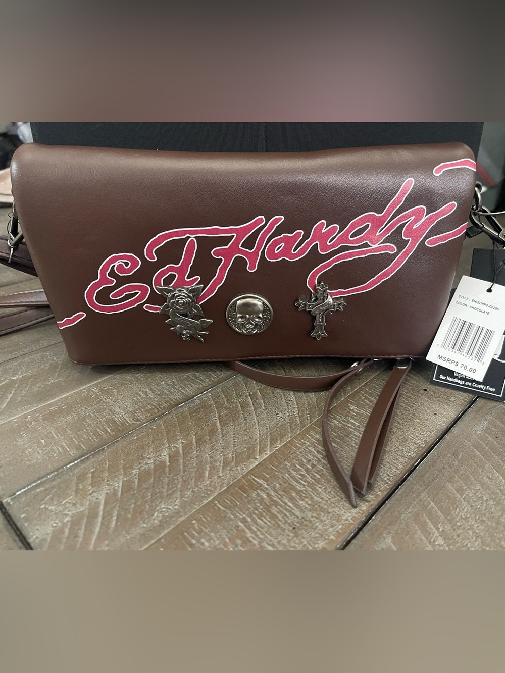 Ed Hardy Brown Crossbody with Pink Script and Metal Charms